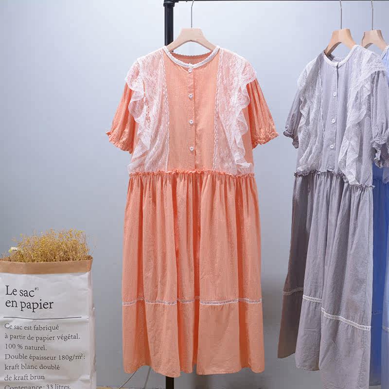 夏季甜美格子女中长宽松连衣裙圆领套头短袖荷叶蕾丝边薄棉布裙子