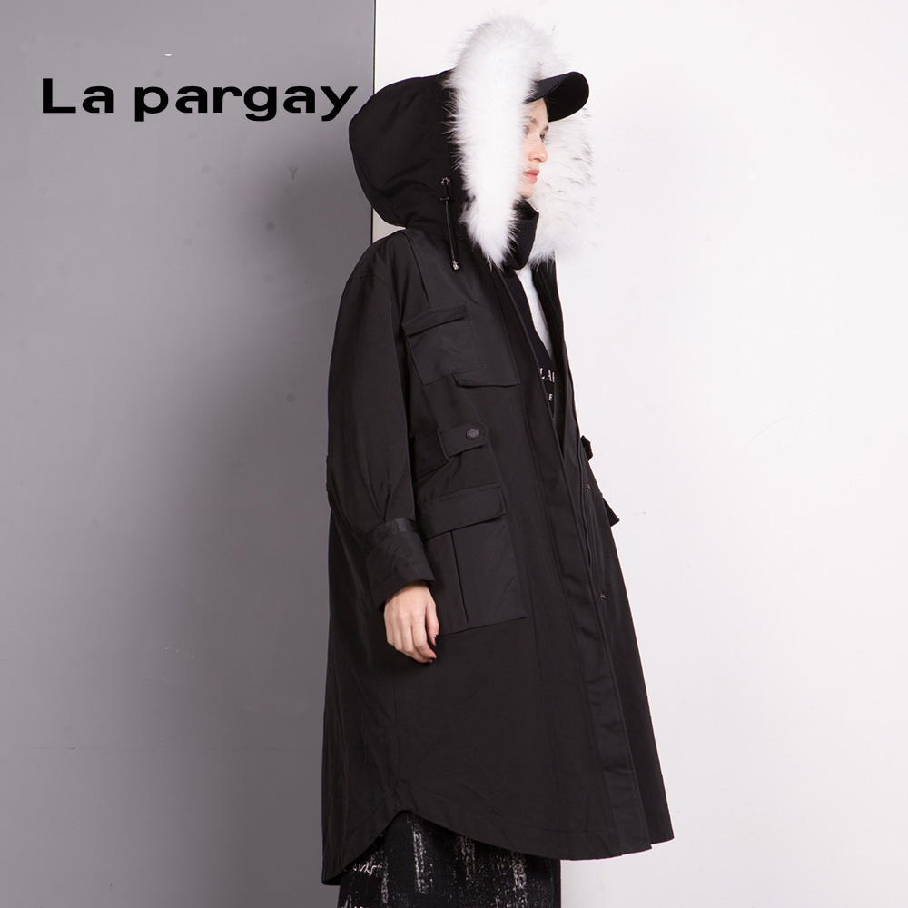 Lapargay纳帕佳新款女装冬季黑色中长款连帽保暖羽绒服棉服