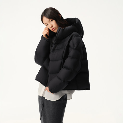 播商场同款黑色龟背羽绒服短款女25冬新款连帽保暖外套BDS4RD3843 - 图3