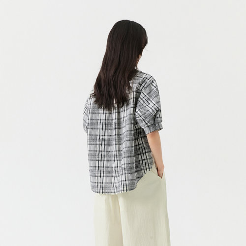 播复古灯笼袖拼接T恤女26夏季新款宽松格纹短袖上衣DDT2HD5641 - 图3