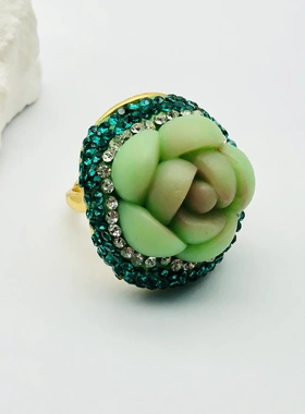 新款软陶多肉戒指镶嵌绿色捷克钻小众设计款女戒指高级感