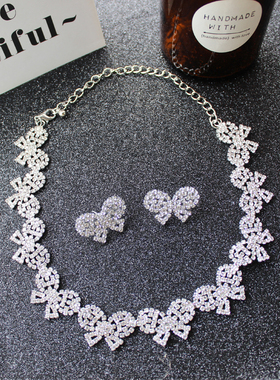 欧美奢华名媛风超闪立体水钻蝴蝶结耳钉颈链choker锁骨项链套装女