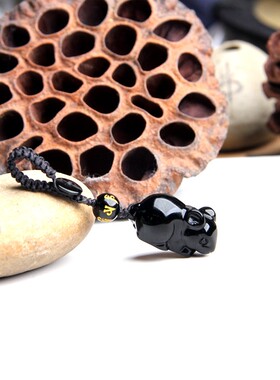 博语天然黑曜石老鼠钥匙扣挂件