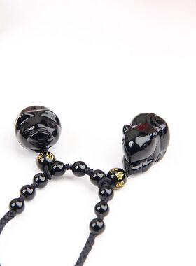 天然黑曜石猪鼠项链生肖水晶挂件