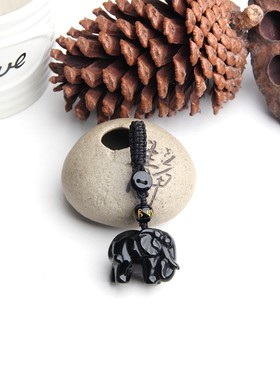 博语天然黑曜石大象钥匙扣挂件