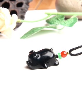 天然黑曜石小猪挂件趴趴猪项链
