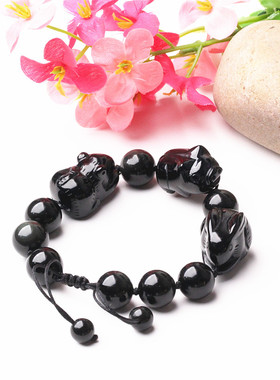天然黑曜石猪兔鼠手链男女手串