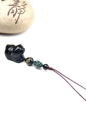 天然黑曜石狗小狗手机坠手机链