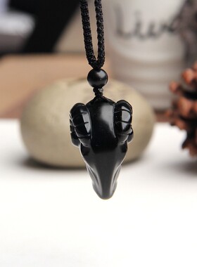 博语天然黑曜石羊头挂件项链