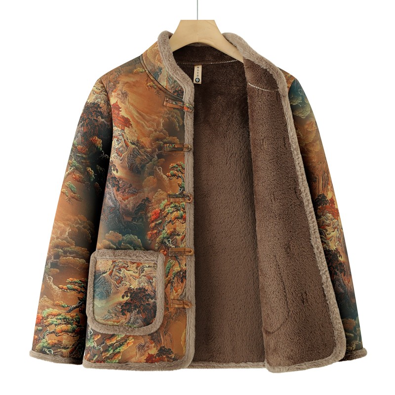 大码女装山水印花立领洋气棉服中老年妈妈加绒加厚棉袄老太太外套 - 图1