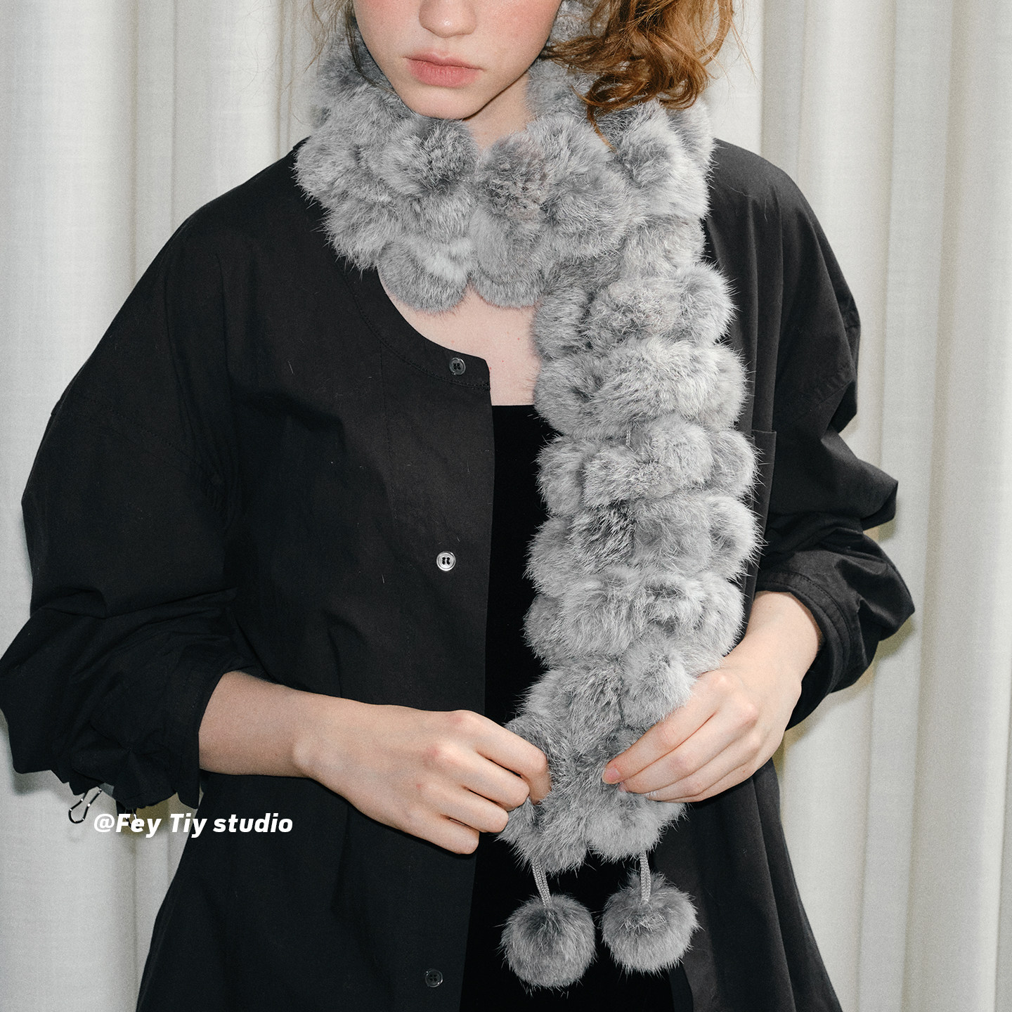 feytiy 兔毛球球围巾~冬季新款千禧年保暖皮草毛毛围脖百搭浅灰,淘宝优惠券,粉丝福利购,淘宝优惠卷