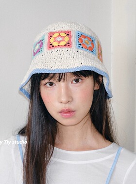 夏天的小花花手工钩织彩色渔夫帽