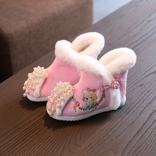 Girls' velvet Hanfu shoes winter children's embroidered shoes