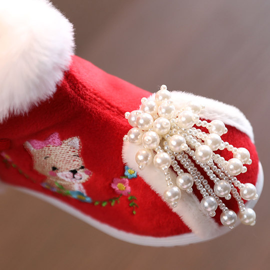Girls' velvet Hanfu shoes winter children's embroidered shoes