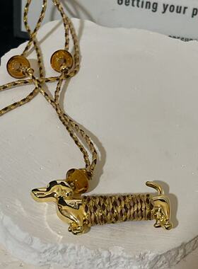 GROWUP腊肠小狗水晶珠串黑色编织绳吊坠长款项链小众设计创意配饰