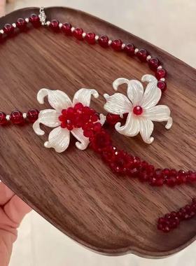 呼呼专享原创设计复古鸢尾花红色串珠项链女颈链小众高级感流苏
