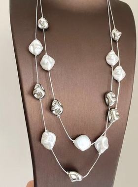 GROWUP设计师款巴洛克珍珠项链女多层叠戴高级感毛衣链