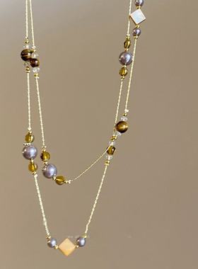 设计师款虎眼石珍珠长款毛衣链