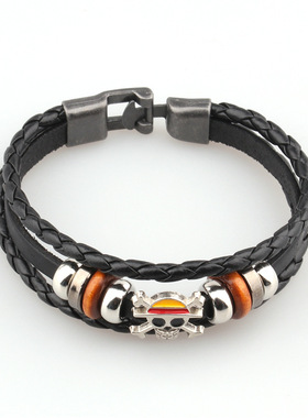 卡通海贼王路飞周边欧美流行男士皮手链木珠骷髅头饰品对扣手链