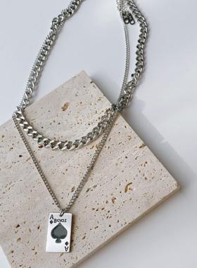 欧美时尚钛钢项链黑桃A吊坠叠戴