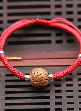 纯手工足银压惊平安山桃核手链