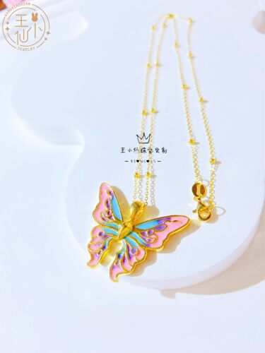 王小仙珠宝 999足金 手工金珐琅彩 幻彩 翩翩蝴蝶 黄金实心吊坠 - 图3