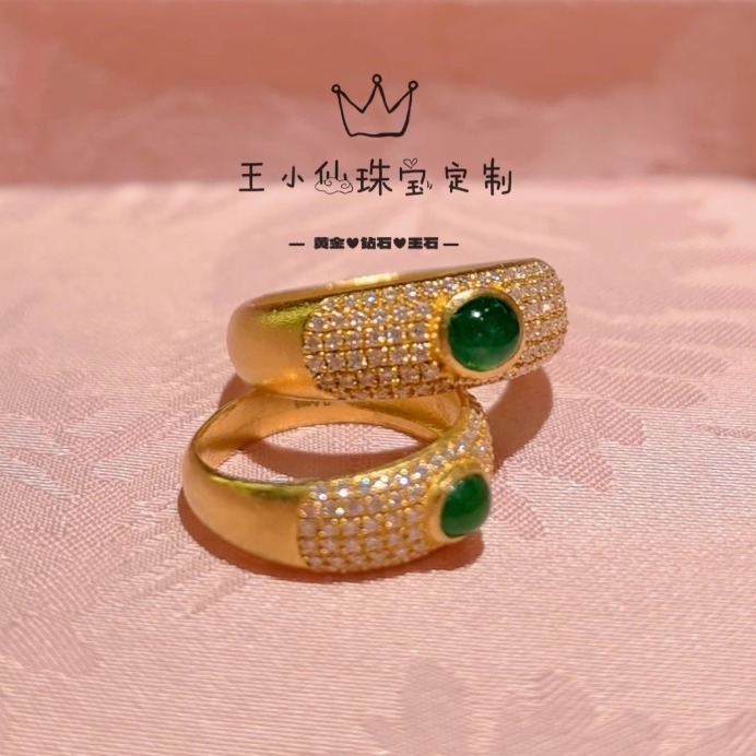 足金999古法金莫桑石情侣对戒天然阳绿蛋面缅甸A货老钱风奶奶戒指 - 图0
