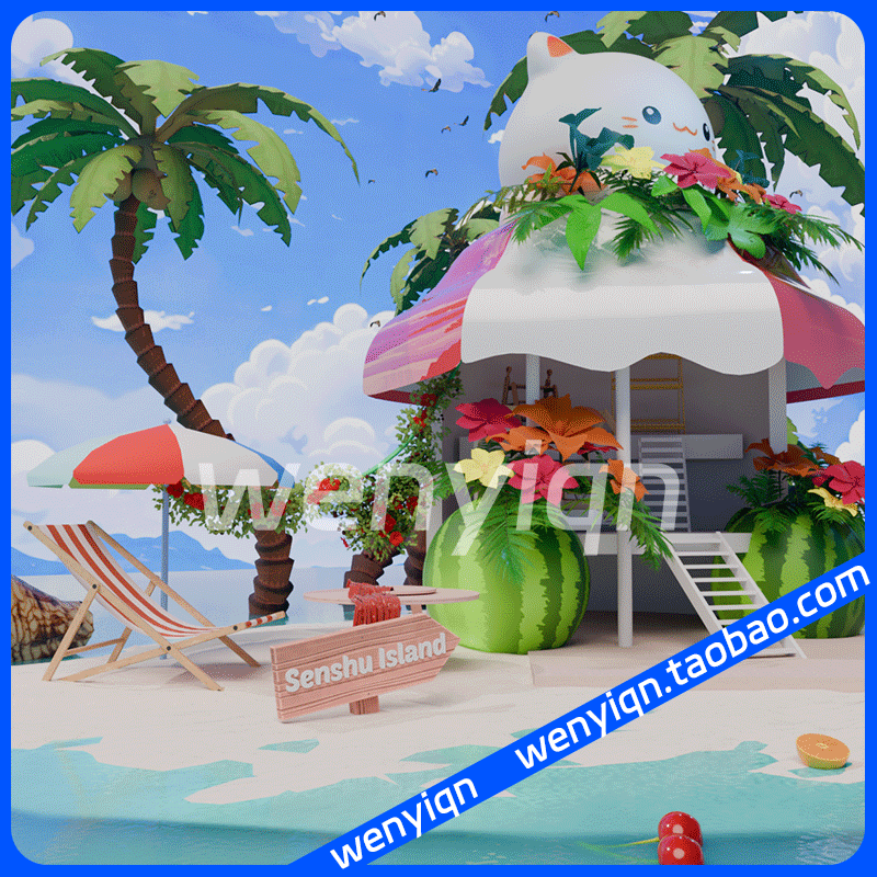 卡通可爱海岛便利店猫店铺椰树海滩躺椅Blender场景模型1916,淘宝优惠券,粉丝福利购,淘宝优惠卷