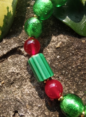 镶蚀鬼眼红玉髓老玛瑙洒金箔款绿色老琉璃原创手串