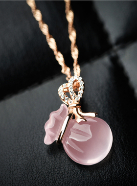 925纯银项链女锁骨链粉水晶钱袋吊坠芙蓉石生日礼物送女友