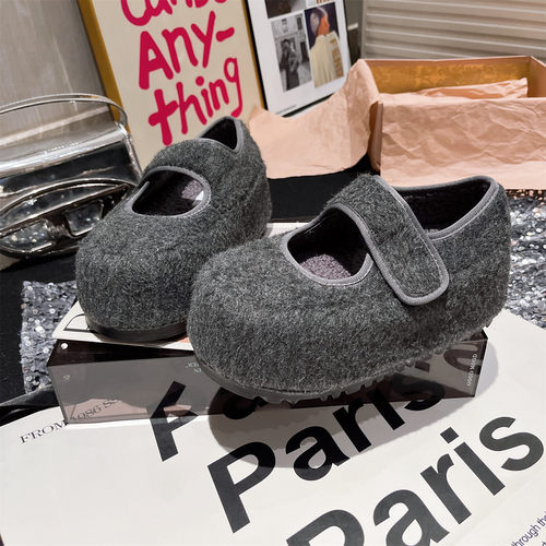 欧货新款毛呢毛毛鞋魔术贴玛丽珍鞋加绒保暖棉鞋面包鞋勃肯鞋女鞋 - 图3