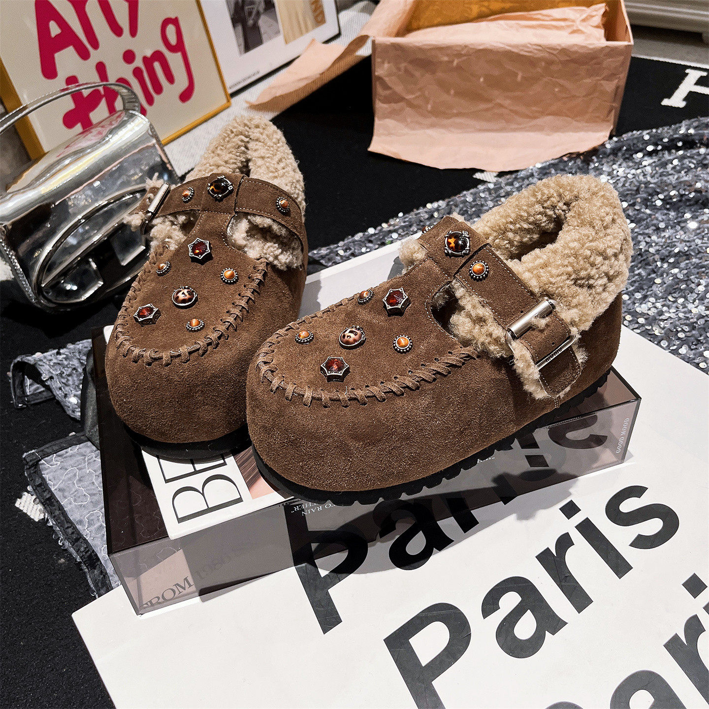 真皮羊毛版~欧货水钻松糕小个子加绒毛毛鞋大头面包鞋勃肯鞋女鞋,淘宝优惠券,粉丝福利购,淘宝优惠卷