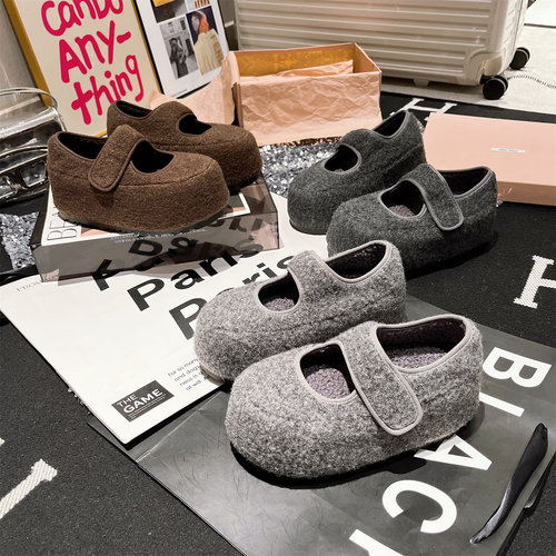 欧货新款毛呢毛毛鞋魔术贴玛丽珍鞋加绒保暖棉鞋面包鞋勃肯鞋女鞋 - 图2