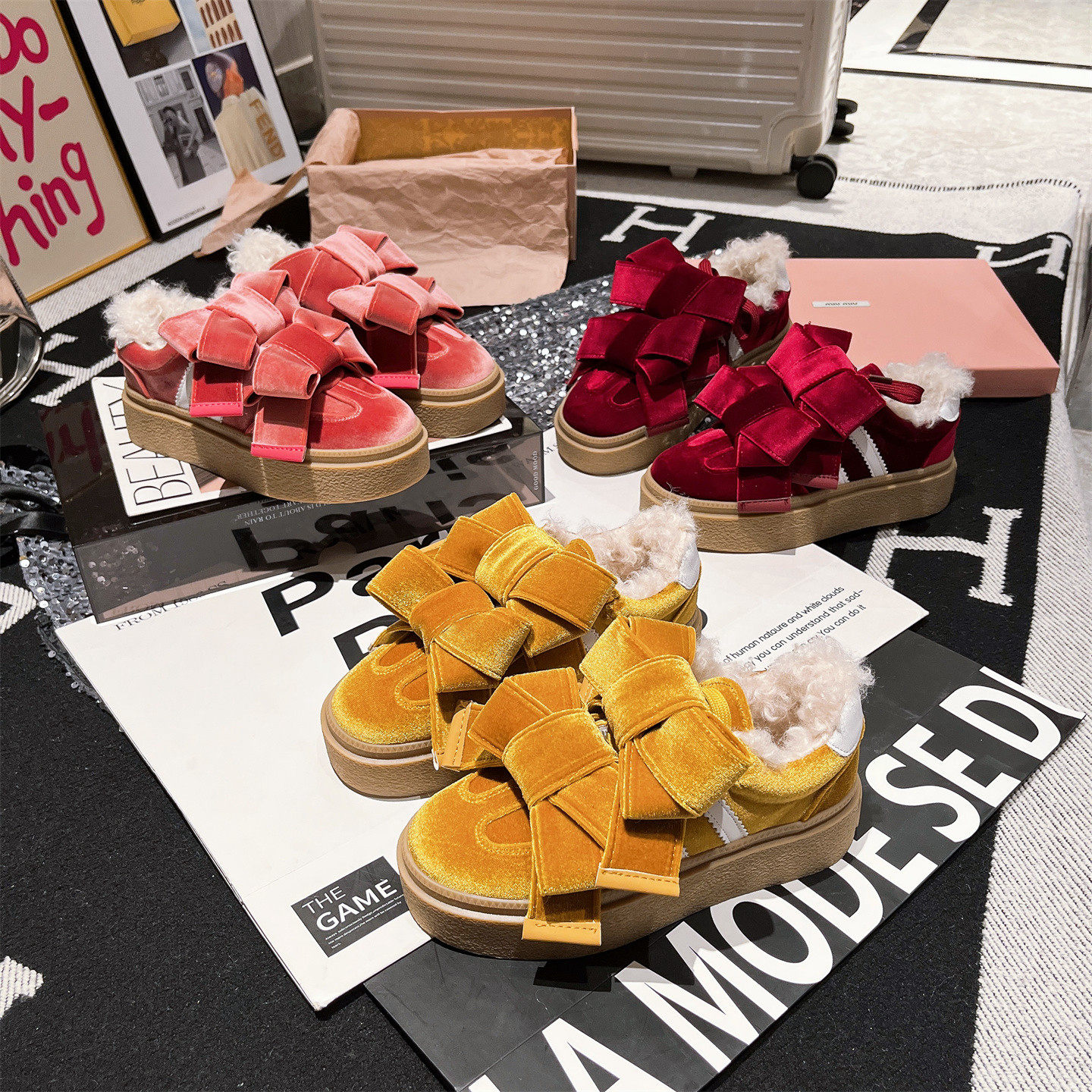羊毛版~欧货甜美金丝绒蝴蝶结毛毛鞋休闲加绒雪地棉板鞋厚底女鞋,淘宝优惠券,粉丝福利购,淘宝优惠卷