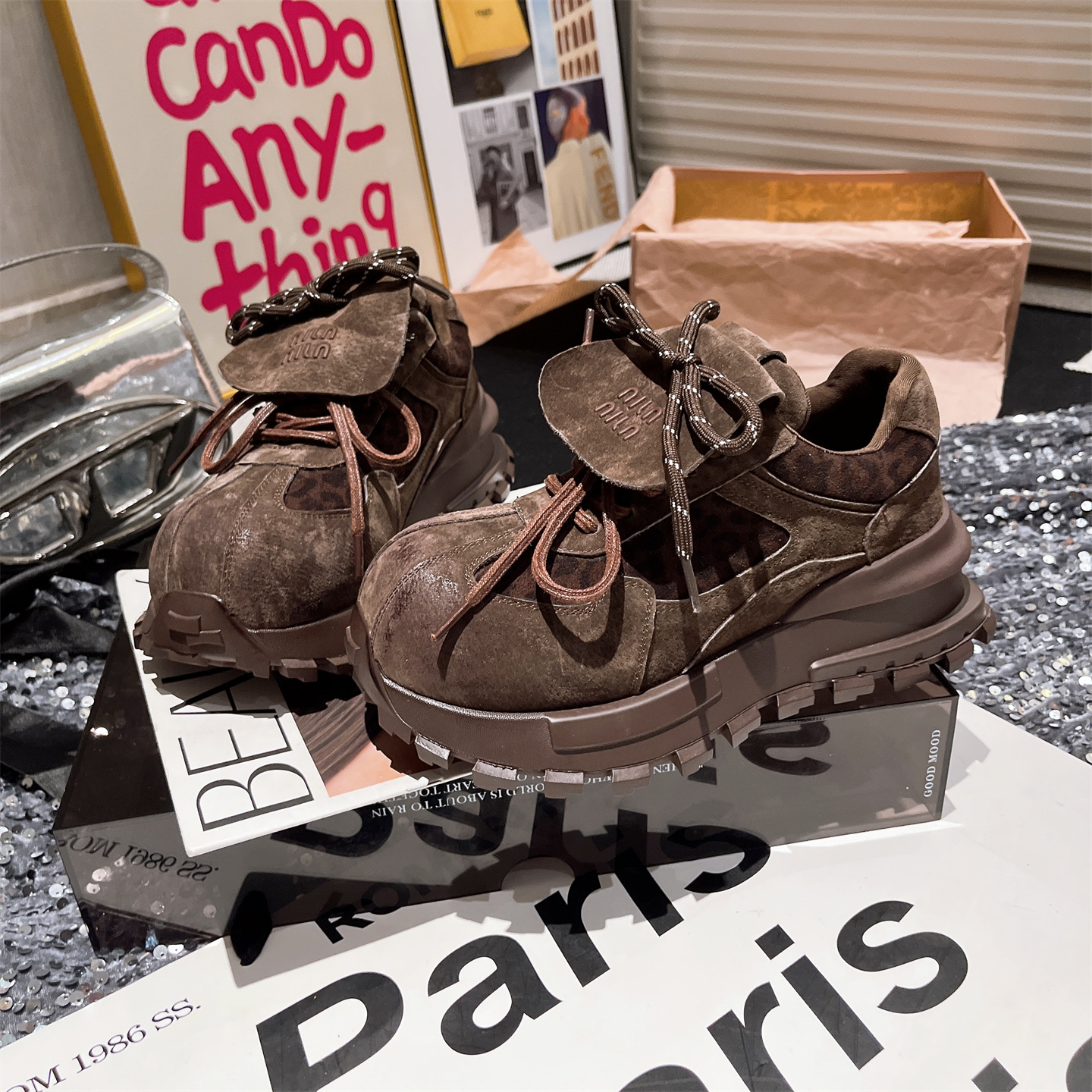 欧货新款翻领字母系带复古豹纹厚底老爹鞋百搭休闲运动鞋单鞋女鞋 - 图1