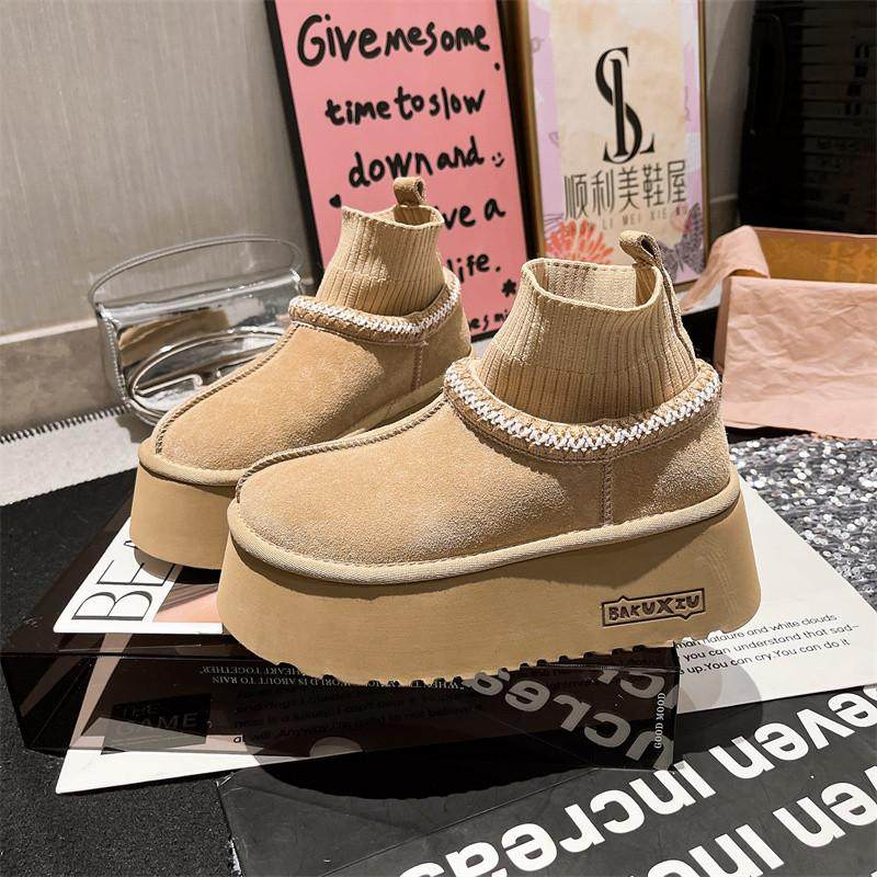 欧货真皮针织民族风厚底松糕大头面包雪地棉靴短靴勃肯鞋6cm女鞋,淘宝优惠券,粉丝福利购,淘宝优惠卷