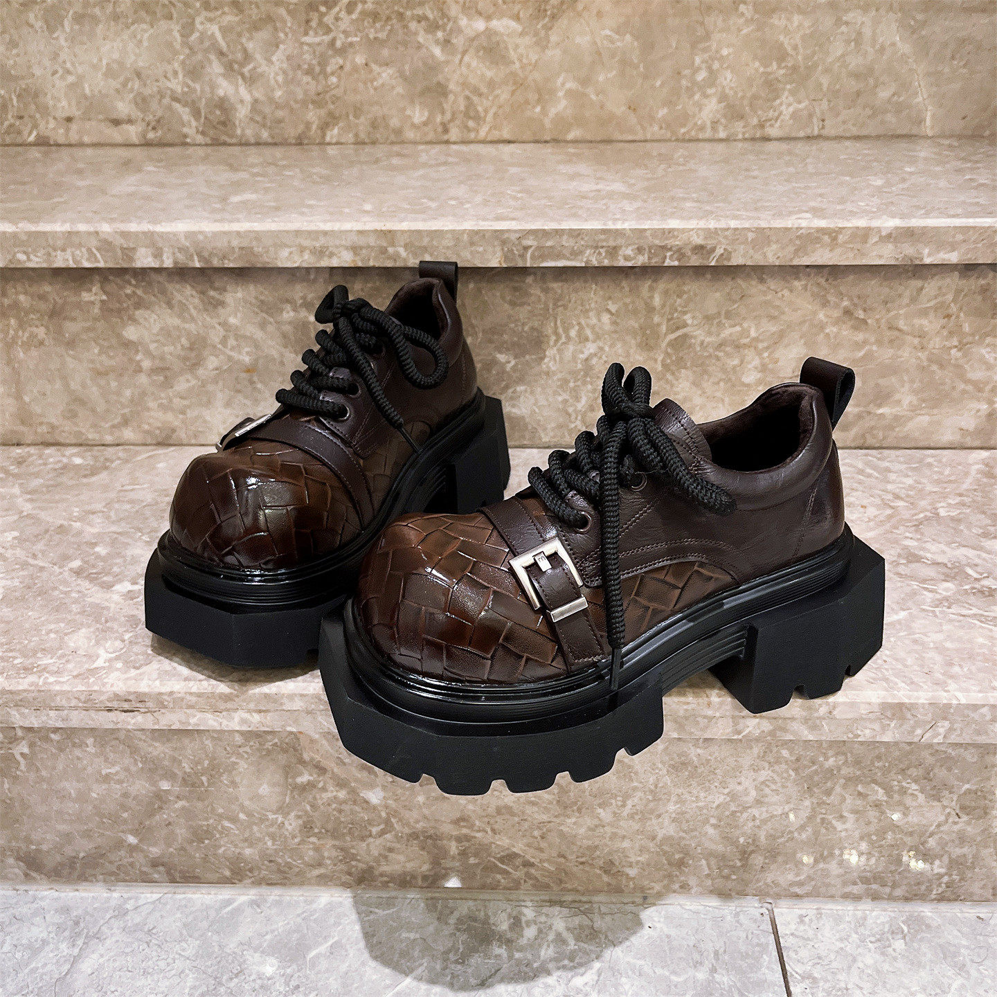 真皮版~英伦编织厚底德比鞋女金属扣系带7cm大头鞋学院风JK小皮鞋,淘宝优惠券,粉丝福利购,淘宝优惠卷