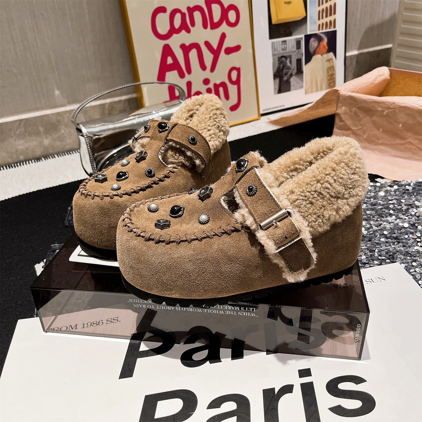 真皮羊毛版~欧货水钻松糕小个子加绒毛毛鞋大头面包鞋勃肯鞋女鞋,淘宝优惠券,粉丝福利购,淘宝优惠卷