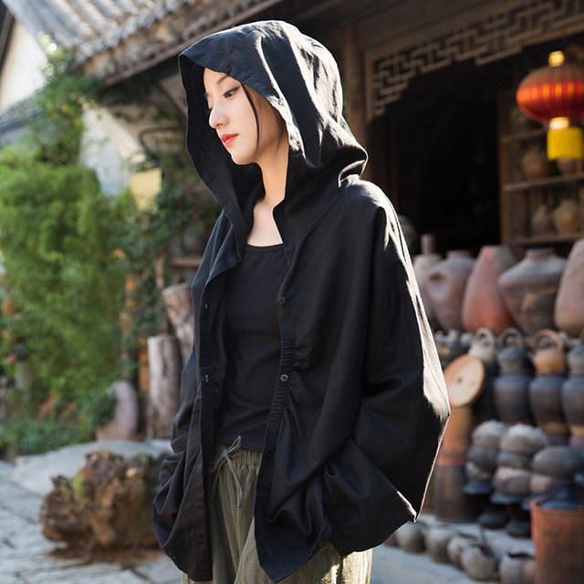 Cool sauté hooded cape top linen cotton sunscreen shirt