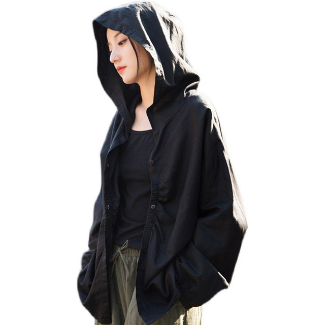Cool sauté hooded cape top linen cotton sunscreen shirt