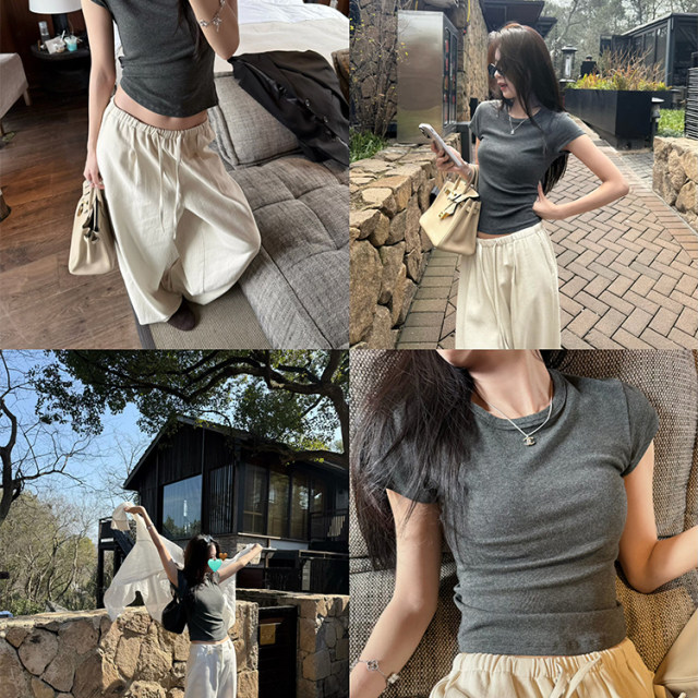 Superniniyy's must-have glutinous wool wool front-shoulder slim version round neck slim short-sleeved bottoming T-shirt for women