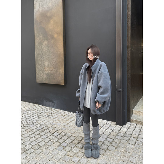 superniniyy 盐系加厚双面摇粒绒灰色宽松立领长袖拉链卫衣外套女