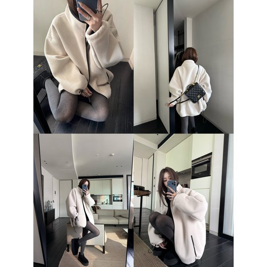 superniniyy 盐系加厚双面摇粒绒灰色宽松立领长袖拉链卫衣外套女