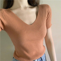 Sexy Women T Shirt Ribbed Knitted V-neck Short Sleeve Ladies