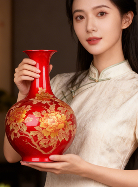 景德镇陶瓷中国红插花花瓶摆件