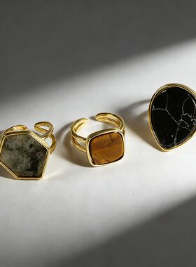 法式复古天然石戒指钛钢镀金 百搭气质开口指环