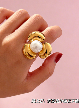 复古金色花瓣珍珠戒指女