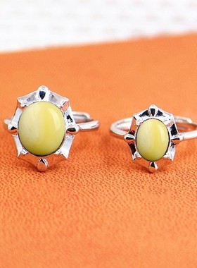 纯银镶嵌蜜蜡戒指空托