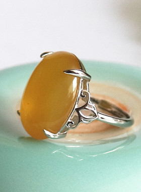 活口镶嵌蜜蜡宝石戒指空托定制