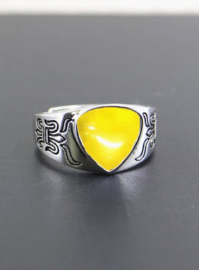 纯银镶嵌欧式蜜蜡复古戒指空托